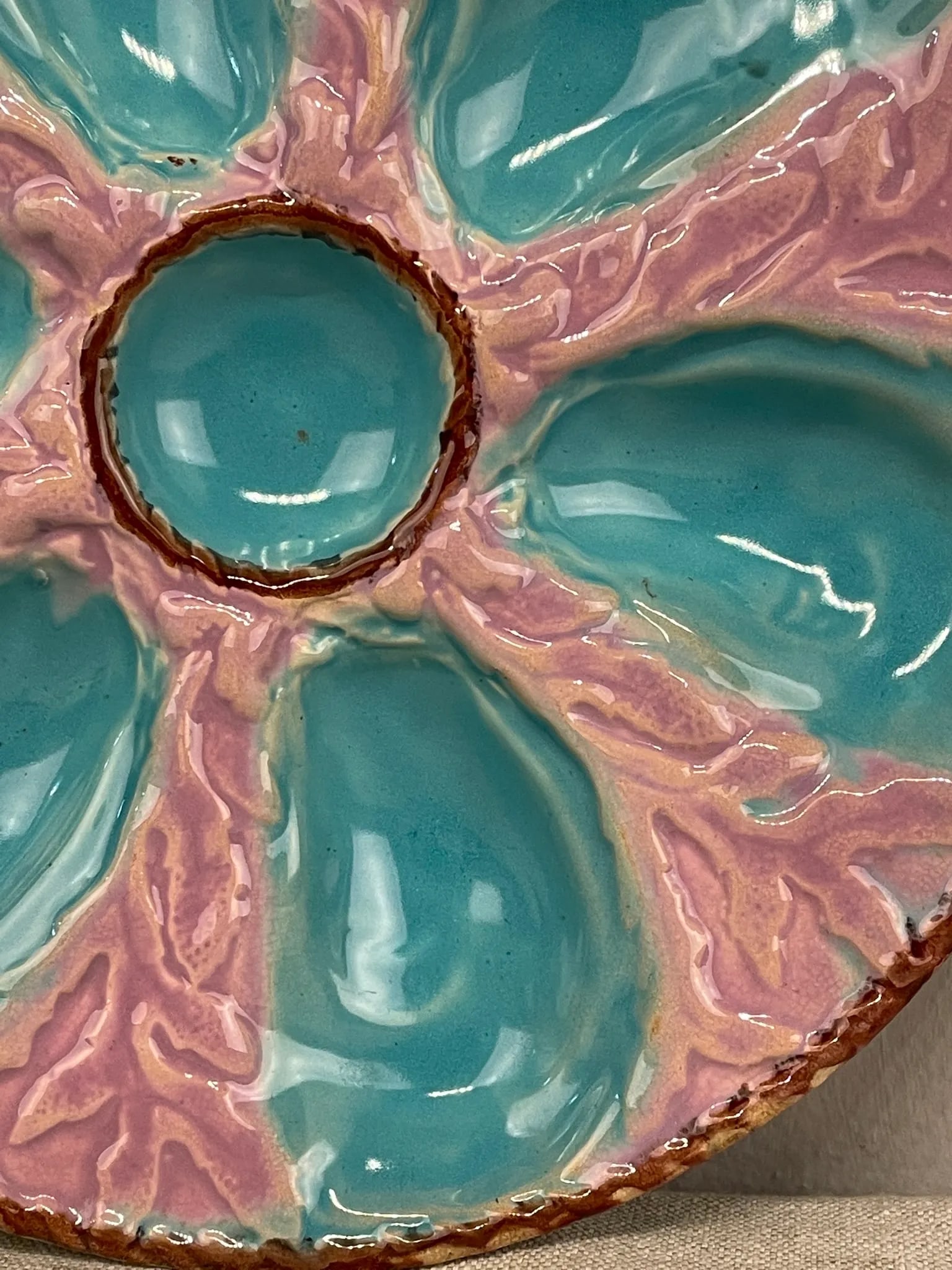 A 19th C English Oyster Plate With Six-Well Majolica Glazed Oyster Plate by Fielding & Co. Ltd., - 6