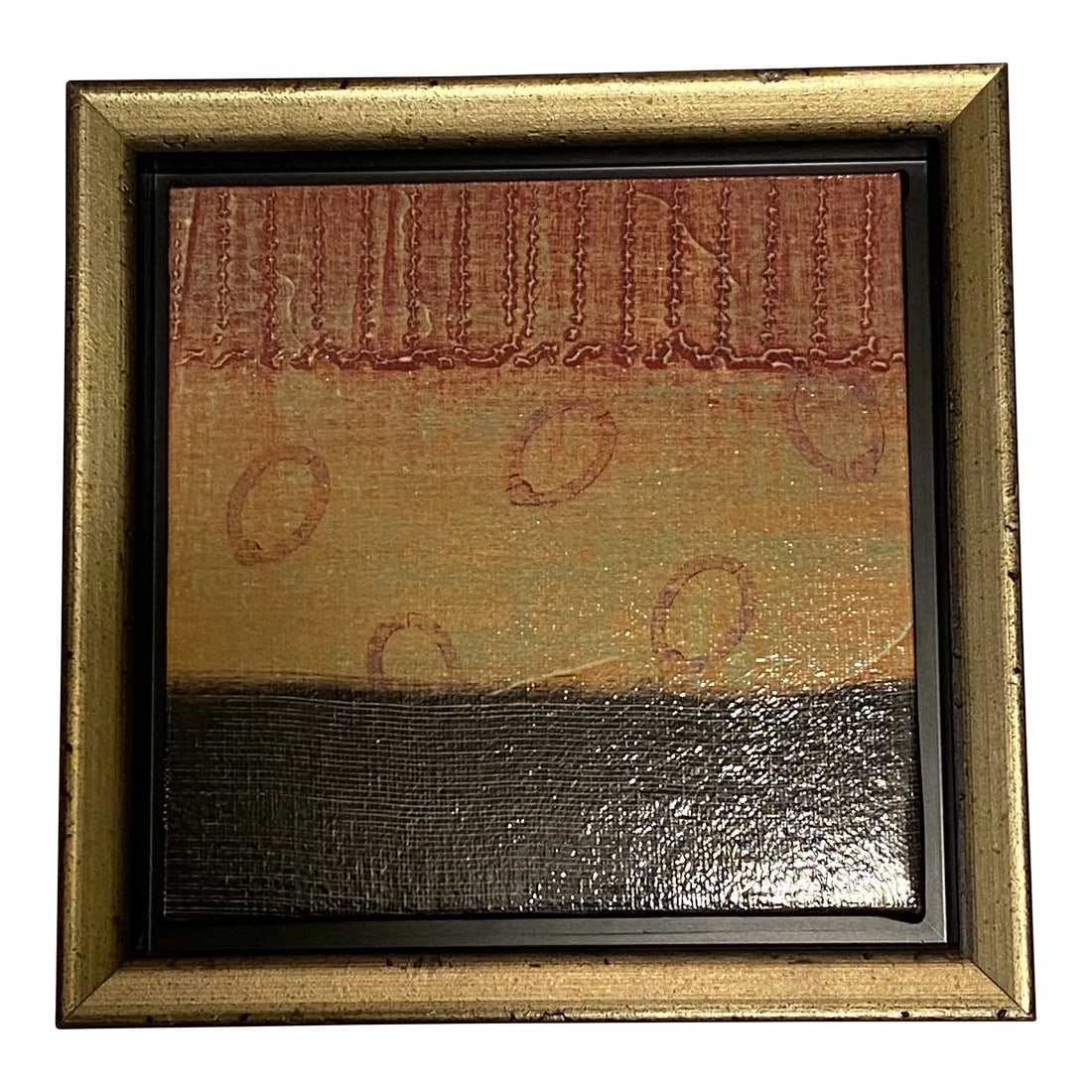 Rebecca Koury Acrylic Modernist Abstract Painting, Signed: Striking Abstract Art in Gold, Red, and Black – 10" x 10" Canvas, Framed This bold and elegant abstract painting features a captivating blend of gold, red, and black tones. The artwork is presen