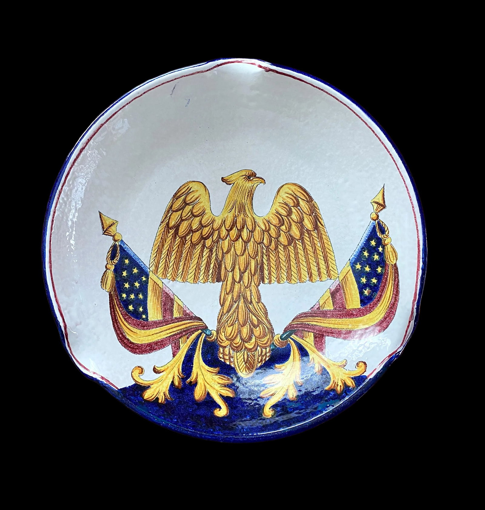 Vintage 1960s Large Handmade Italian American Bald Eagle and Flags Crest Seal Bowl Plate - 12