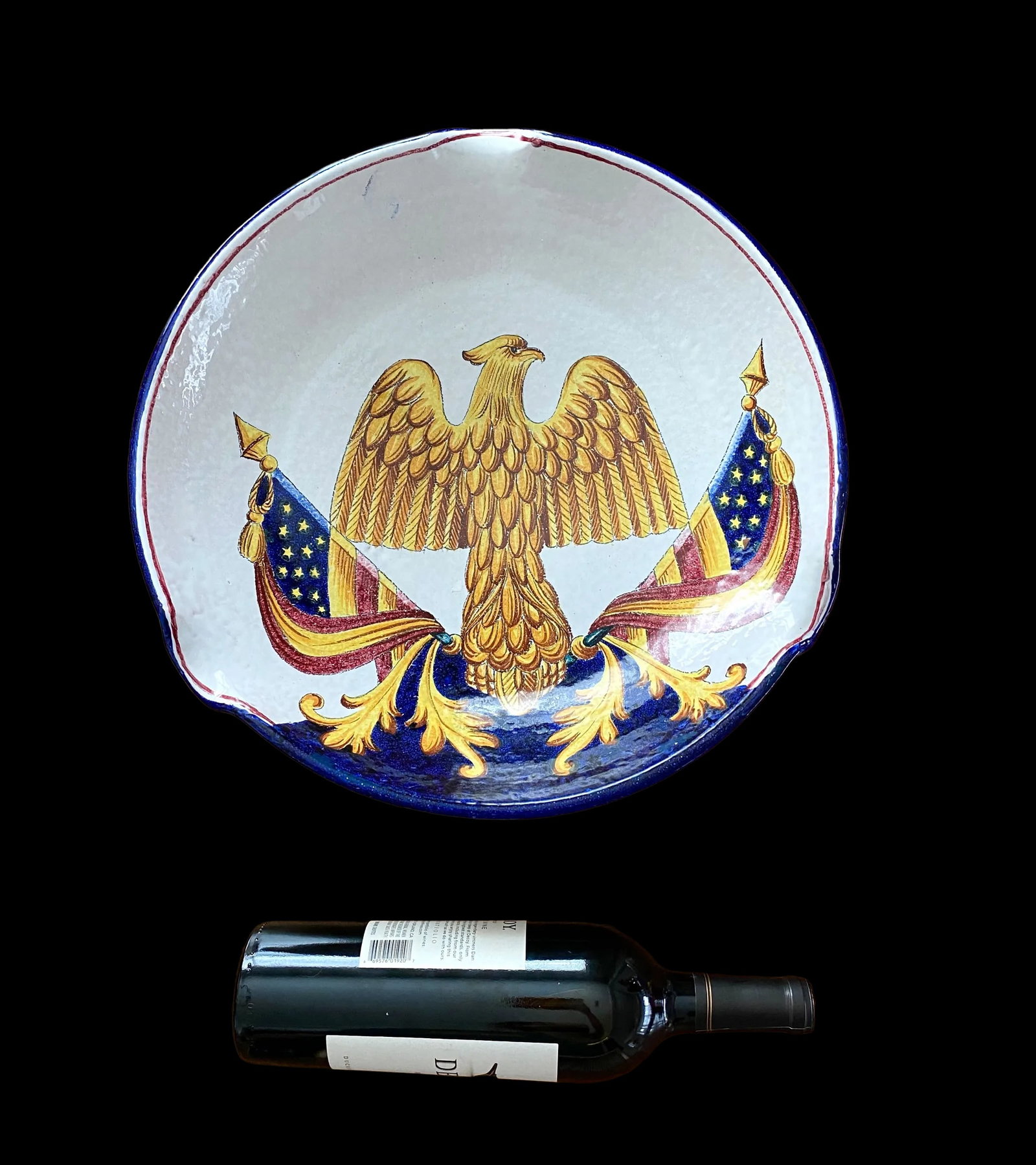 Vintage 1960s Large Handmade Italian American Bald Eagle and Flags Crest Seal Bowl Plate - 4