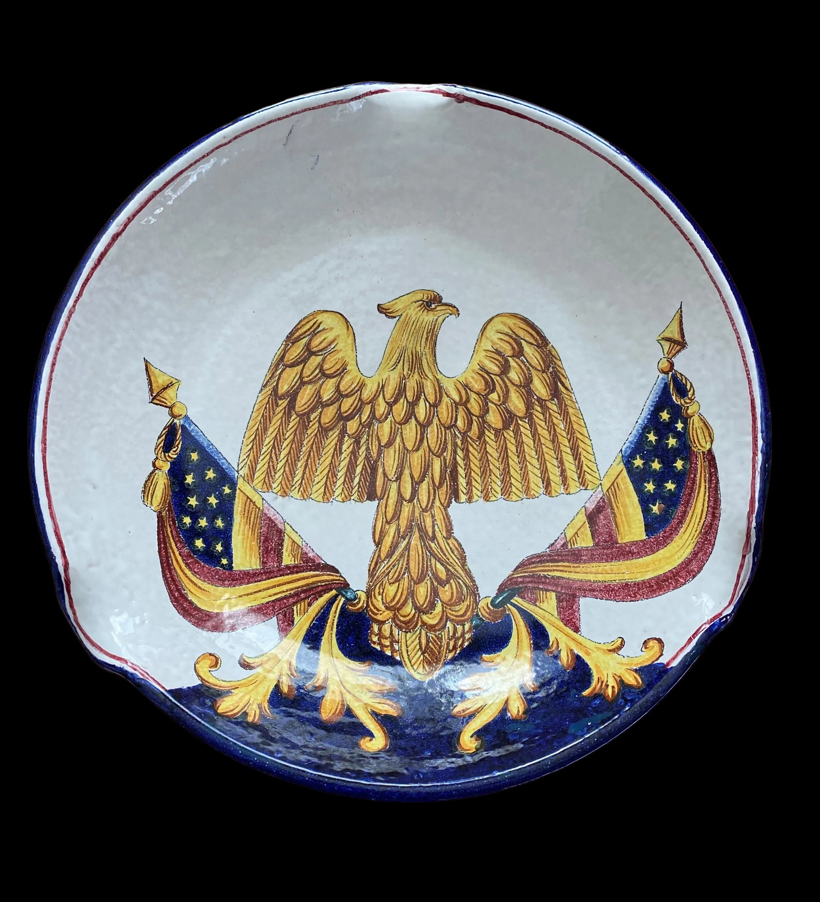 Vintage 1960s Large Handmade Italian American Bald Eagle and Flags Crest Seal Bowl Plate - 6