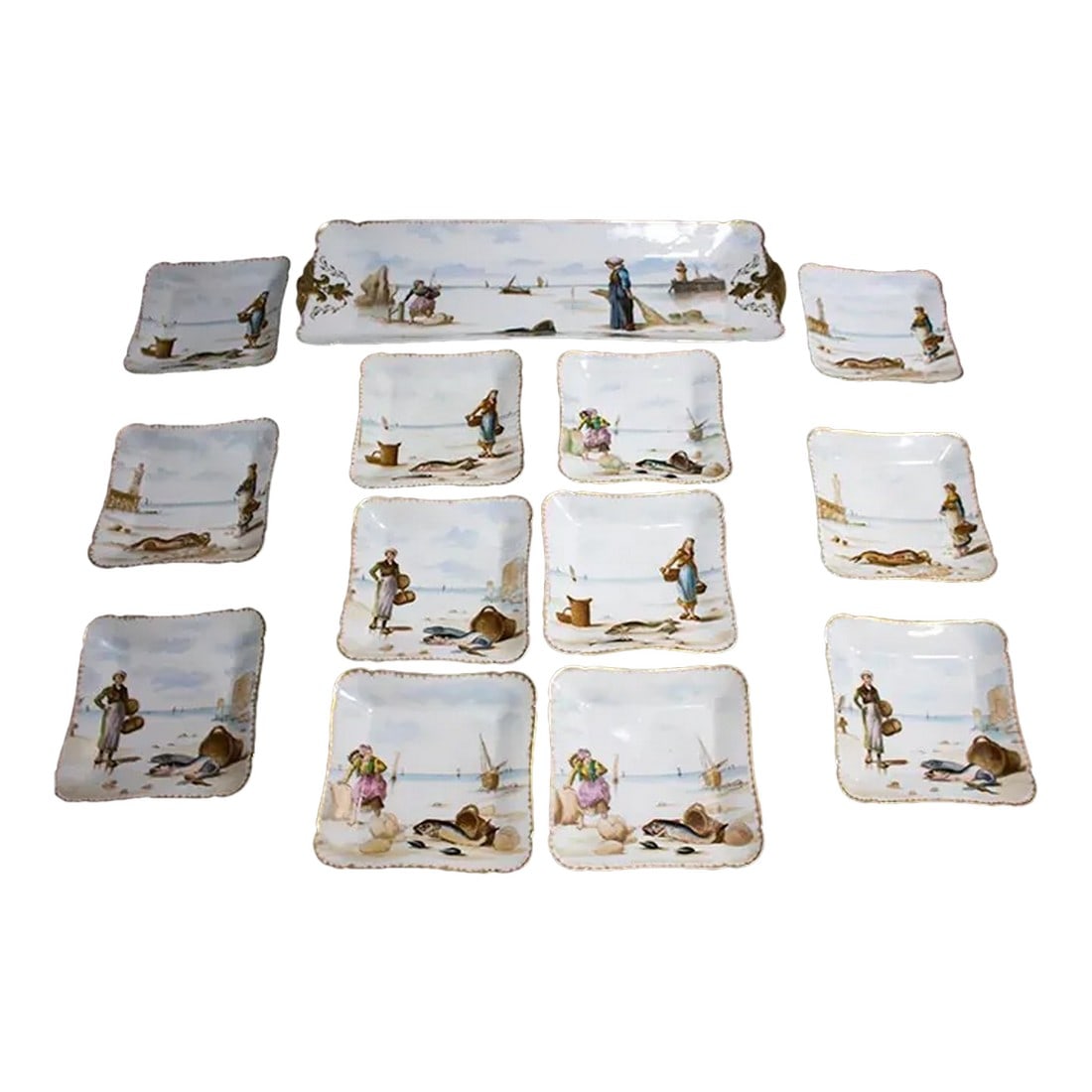 Vintage Haviland Limoges Fish Platter Set - 13 Pcs - Mediterranean Scenes: I have bought and sold many fish platter sets because I love them! This antique hand painted set is by far the best one I have ever found! First, it is huge - 13 pieces. Second, it is truly exquisite 