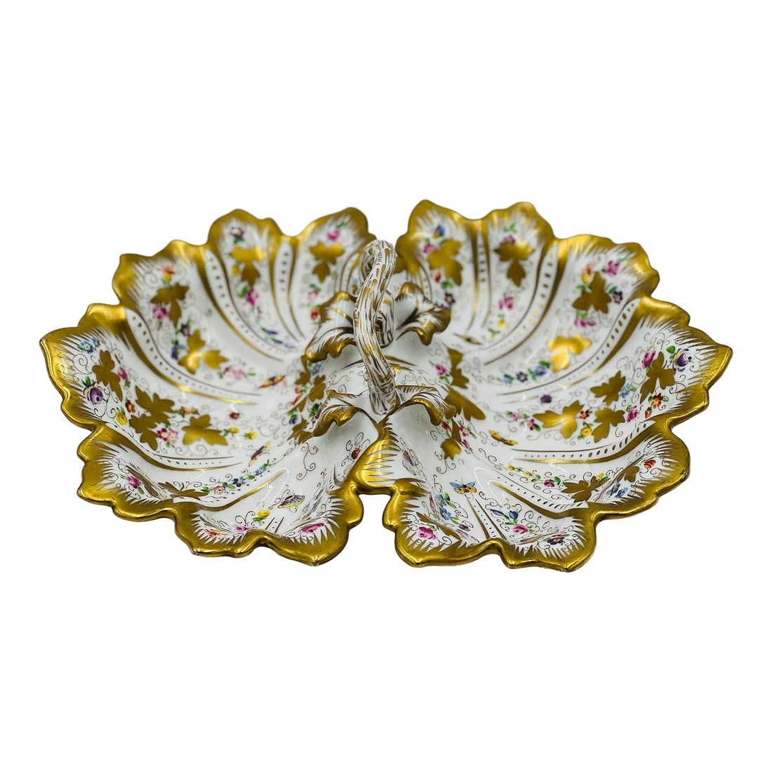 Antique Ornate Ct Carl Tielsch Germany Floral Divided Handled Dish Herend Style: Antique Ornate CT Carl Tielsch Germany Floral Divided Handled Dish Herend Style. Decorated with ornate foliate edges, enamel bugs, gilt decoration and marked to bottom "CT". Excellent condition - no