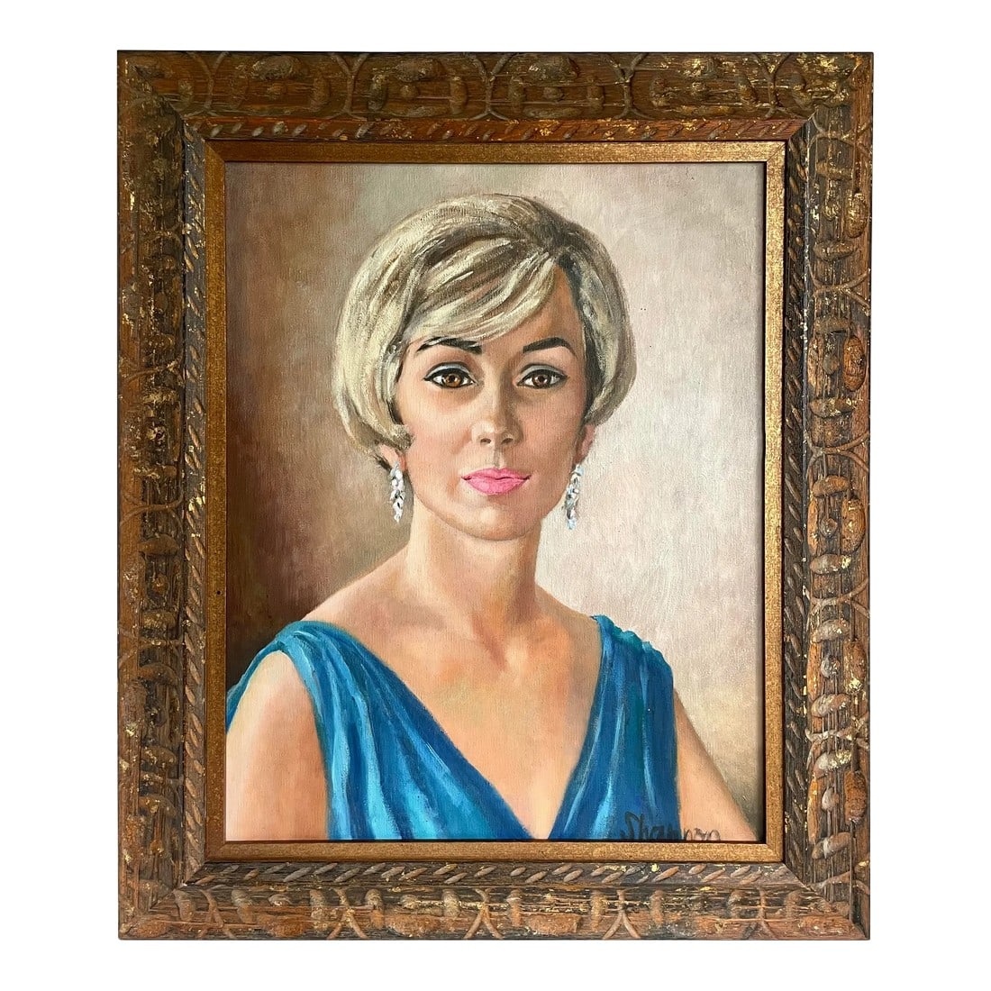 1968 Original Framed Female Portrait Painting Signed Shannon: Here is a wonderful piece from the 1960's painted by D. Shannon. The painting is of a sophisticated and beautiful woman with a chic hairdo and blue dress. It feels very Hollywood glam/Regency. It is