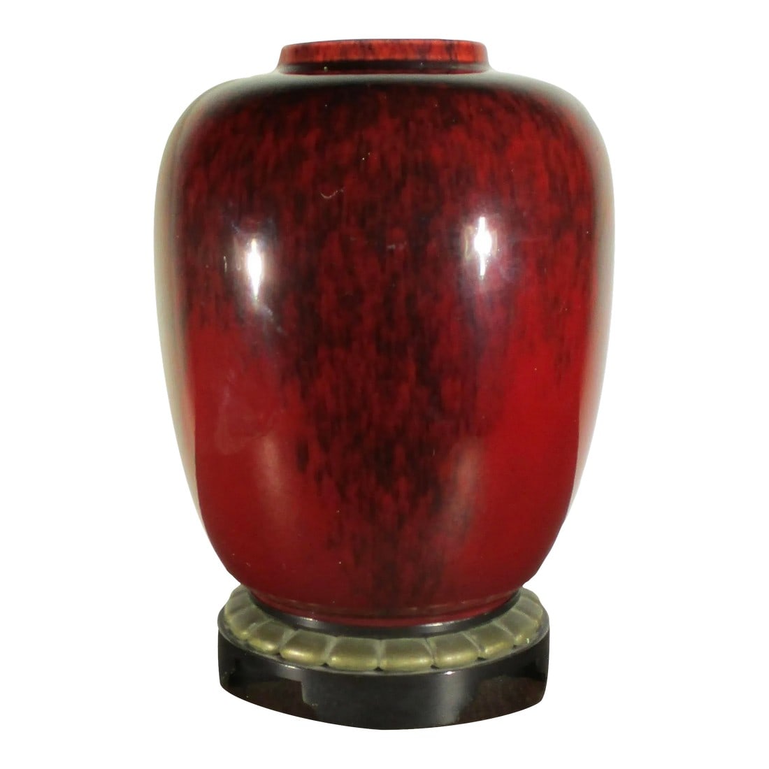 Art Deco Sevres Porcelain Flambe Vase on Bronze Mounts: Sevres Flambe vase on a very fine bronze mounting G.H. Muller signed to the side. Blood red glaze with dark dense red to purple tones starting at the mouth and moving down the side. White interior