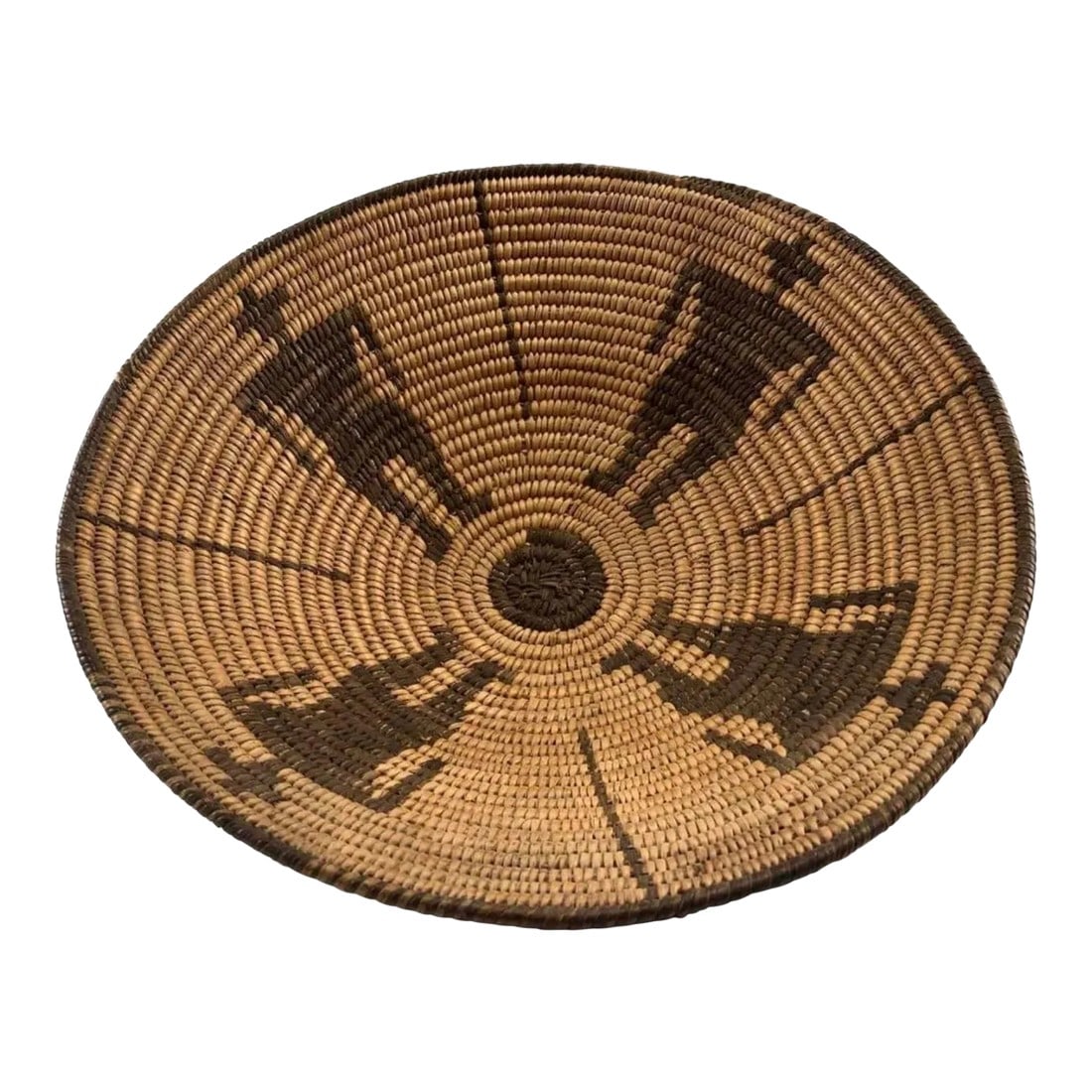 Native American Style Basket With Geometric Figural Motif: Native American Style Pictorial Basket With Geometric Figural Motif, having four figures, Circa. 1920s. Made of bear grass, Devil's claw and willow. Excellent condition. Condition: Alterations: