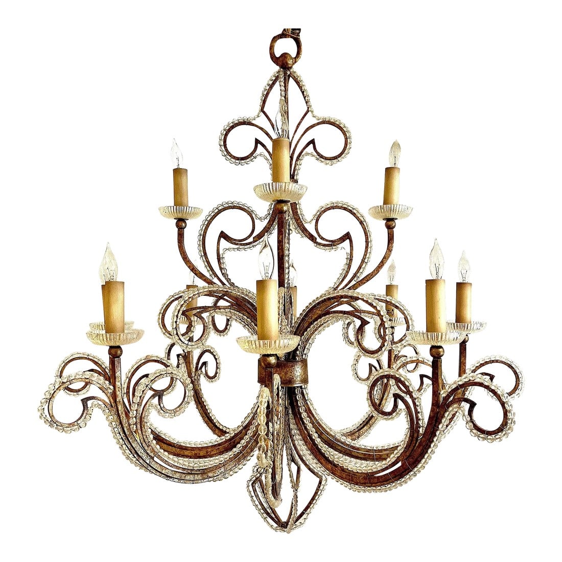 Beaded Crystal French 12 Light Chandelier by Fine Arts Lamps: What could be more French than incredible chic balanced by impeccable quality. Crafted by Fine Arts Lamps in August of 2011 this 12 light chandelier originally cost over $16,000. Standing at 48" high 