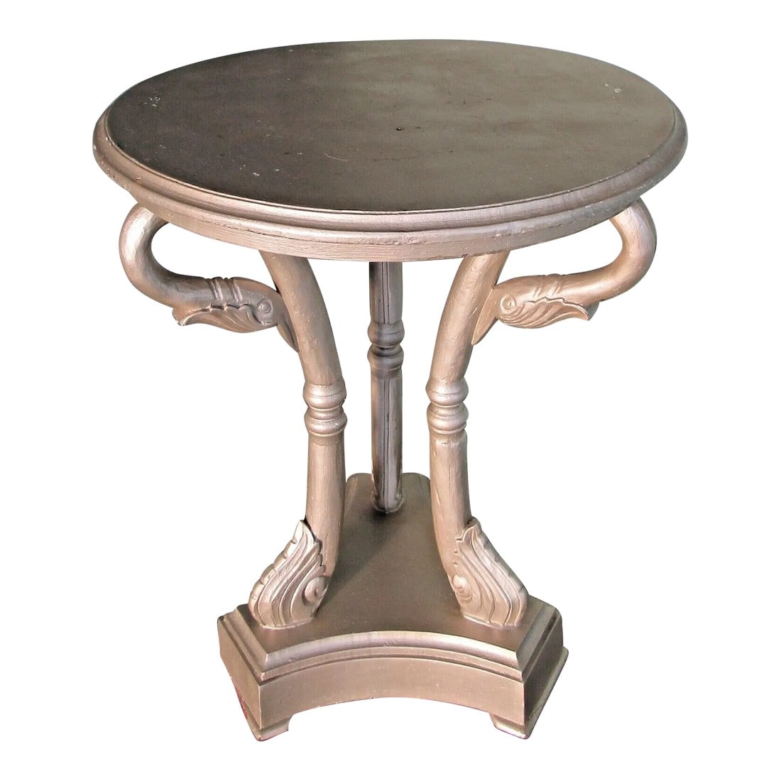1950s Hollywood Regency Three Swan Legged Round Wooden Pewter Painted Side Table: Hollywood Regency Three Swan Legged Round Wooden Pewter Painted Side Table Measures 27" tall and 23 1/2" in diameter. Antique: Yes Assembly Status Fully Assembled Shape Round Color pewter Indoor/Outdo