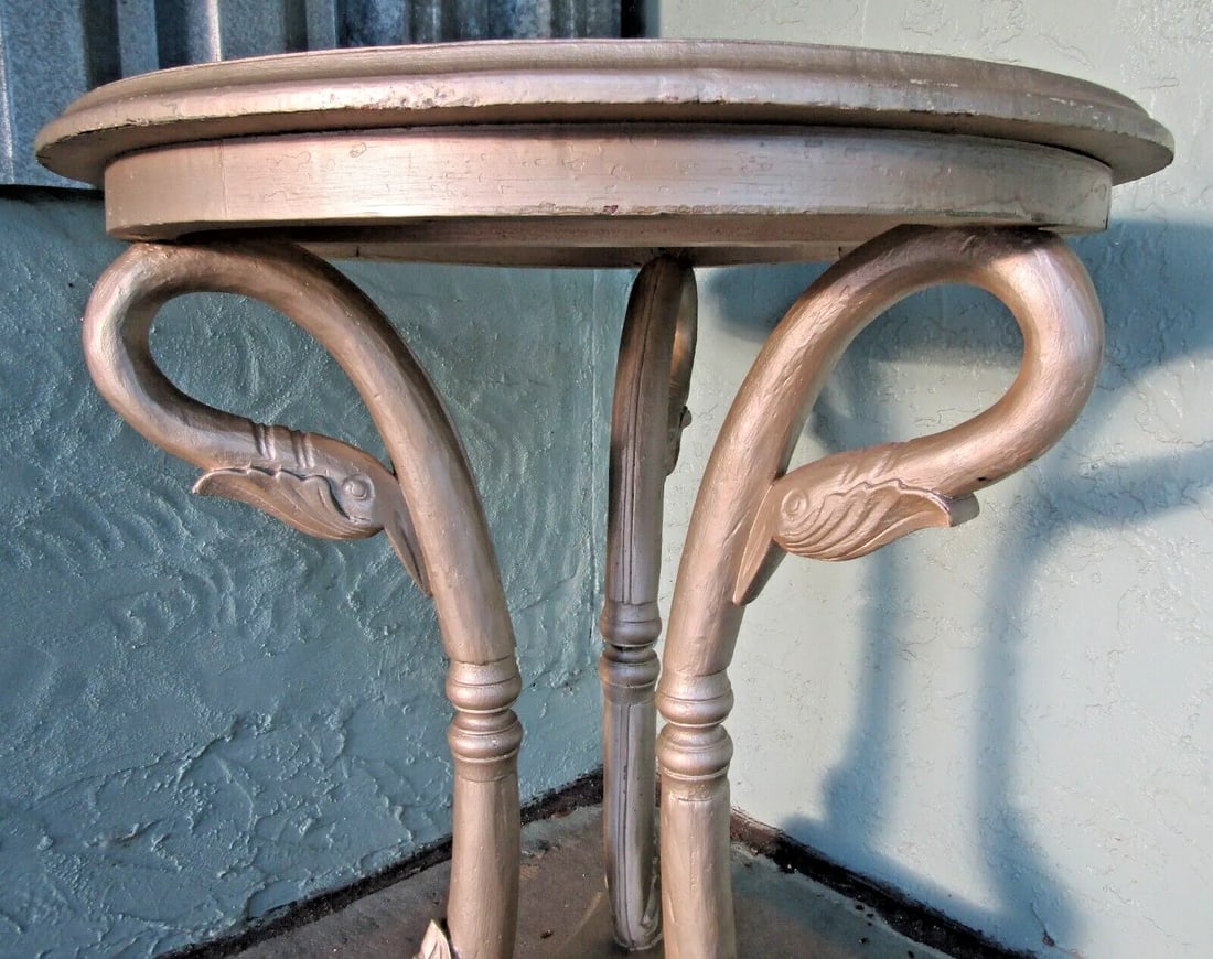 1950s Hollywood Regency Three Swan Legged Round Wooden Pewter Painted Side Table - 2