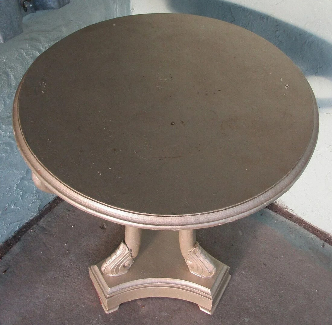 1950s Hollywood Regency Three Swan Legged Round Wooden Pewter Painted Side Table - 3