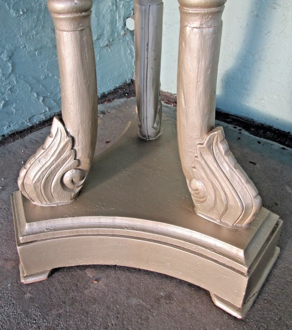 1950s Hollywood Regency Three Swan Legged Round Wooden Pewter Painted Side Table - 4