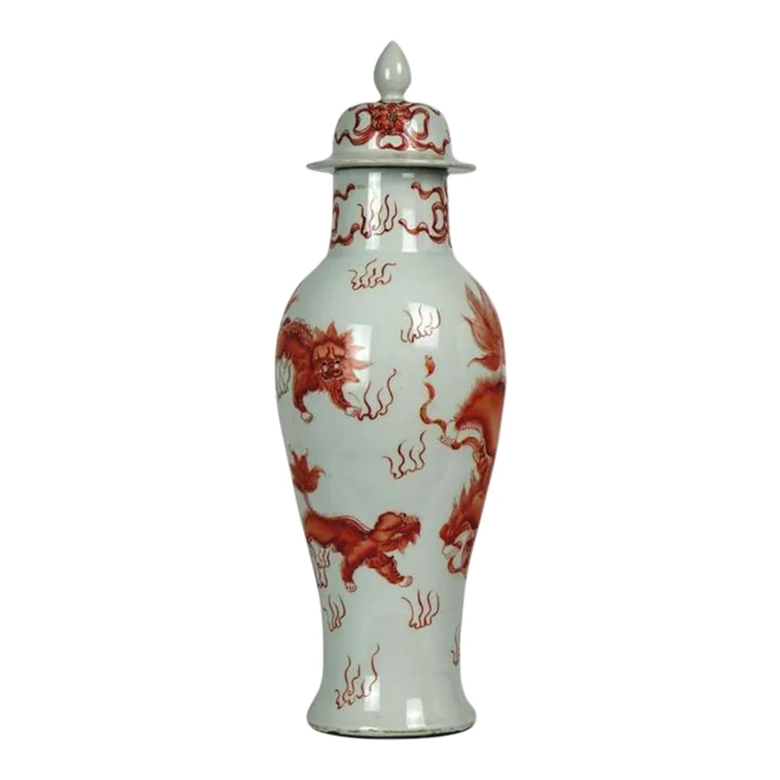 Antique Century Chinese Porcelain Jar With Lid: Antique 19th Century Chinese Porcelain Jar with Lid. White with incredible shades of red and coral foo lions, flowers and ribbons from a private colocation in Washington DC area. Condition: Alteration