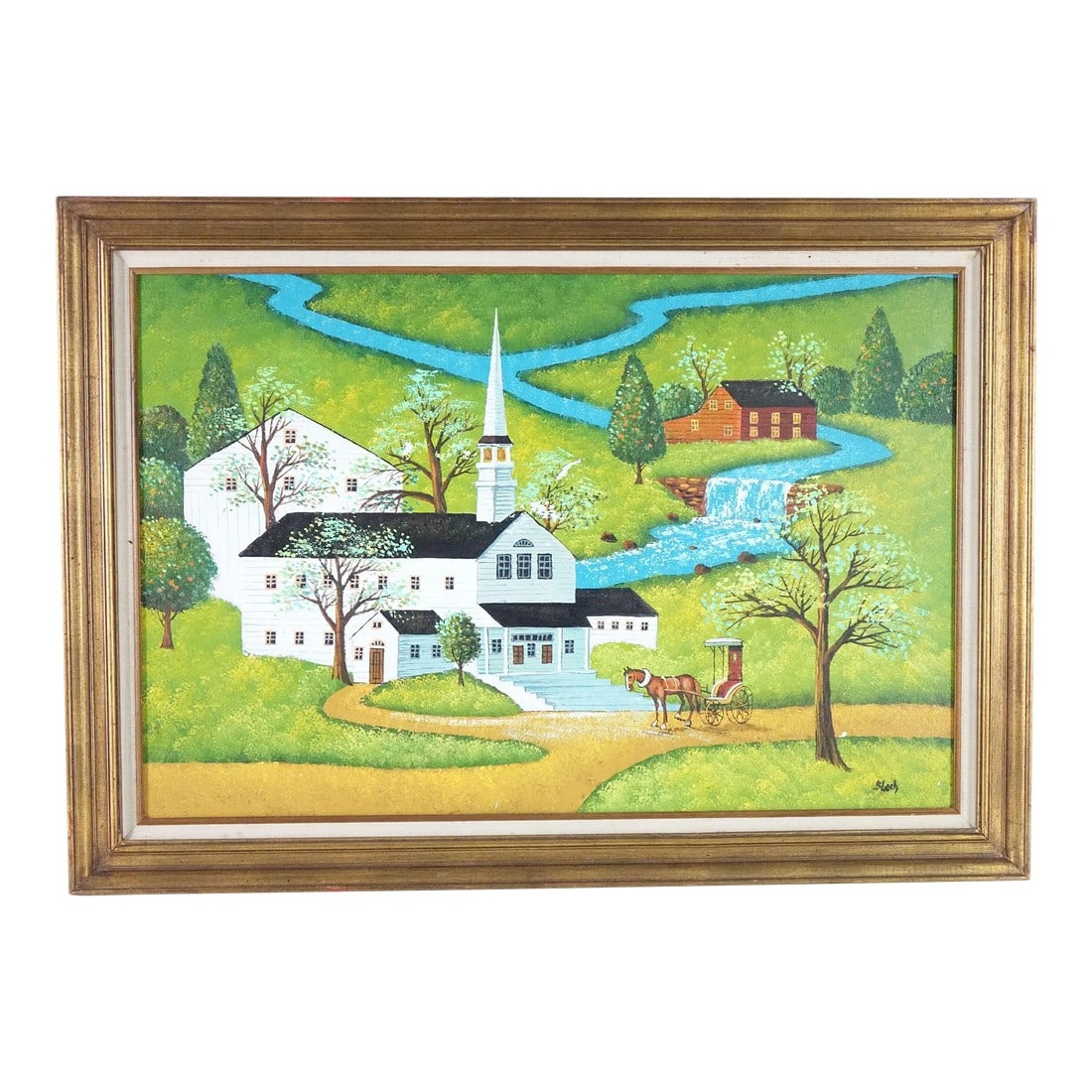 Sunday Morning by the Stream - Early 20th Century Large Original Oil on Canvas, Signed, Framed: This delightful early 20th-century original oil painting is a vivid and heartwarming depiction of small-town life, painted in a charming folk art style. With its bold colors, clear lines, and stylized