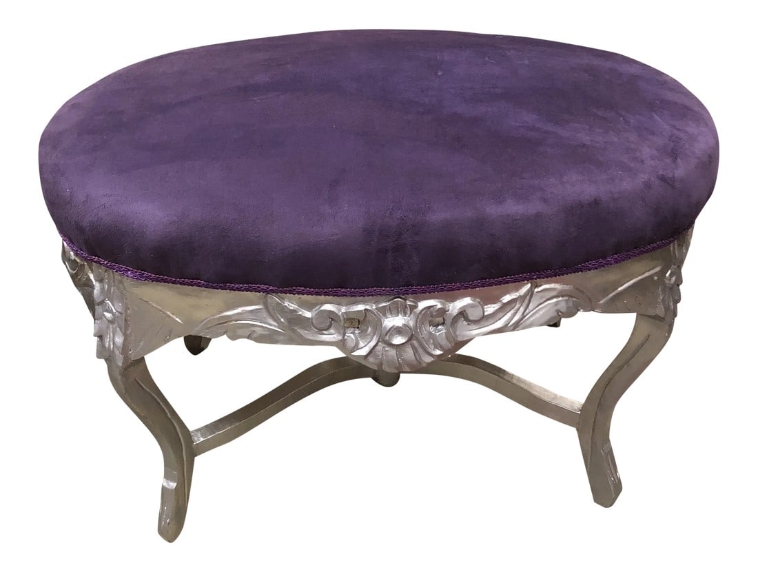 1970s Vintage Purple and Silver Ottoman With X Base Detail: Beautiful purple and silver ottoman with X base detail, perfect for the interior designer. Great condition. Great for any space. Condition: Alterations: Original Condition Unaltered Imperfections:
