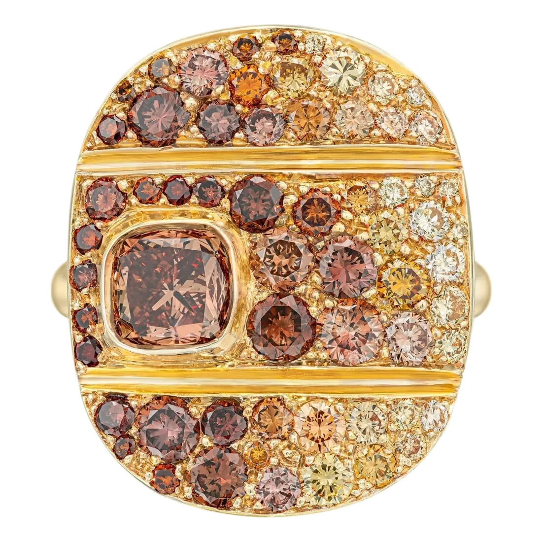 Cop Cot Fancy Colored Diamond Simon Ardem New York Fall Collection: Oval design Natural Fancy Earth tone diamond pave ring. Center stone is .85ct Orangy-Brown VS2 Cushion cut diamond and graduating Brown, Orange, Yellow Fancy colored VVS-SI1 diamonds, total of