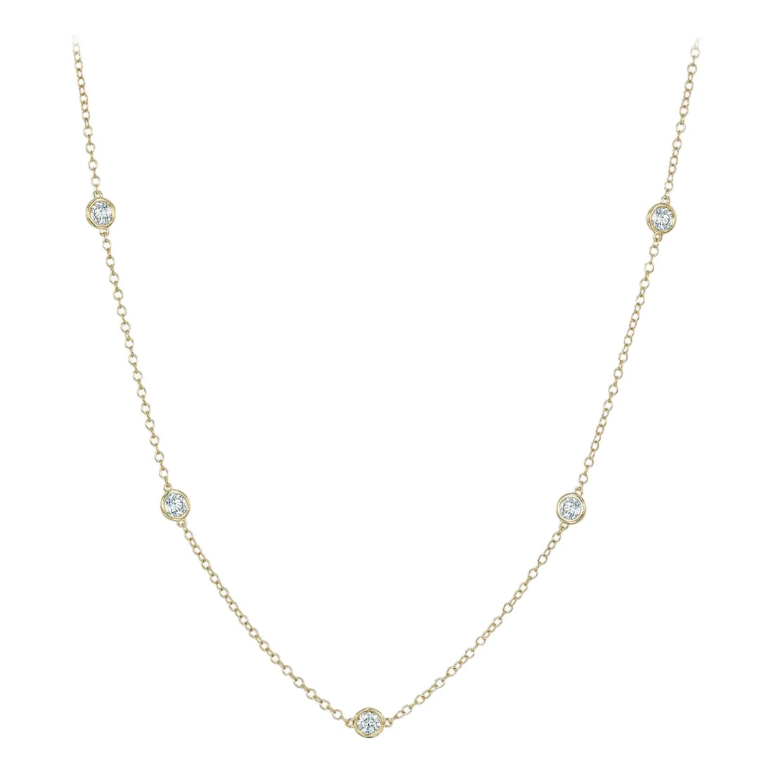 1 Carat Round Diamond by Yard Necklace Set in 14 Karat Yellow Gold: Round cut diamond necklace with 5 bezel set round diamonds set in 14K Yellow gold. Round Brilliant diamonds are F-G VS2-SI1 . Total Carat weight = .80ct. Total weight 1.8 grams. Length is 16".