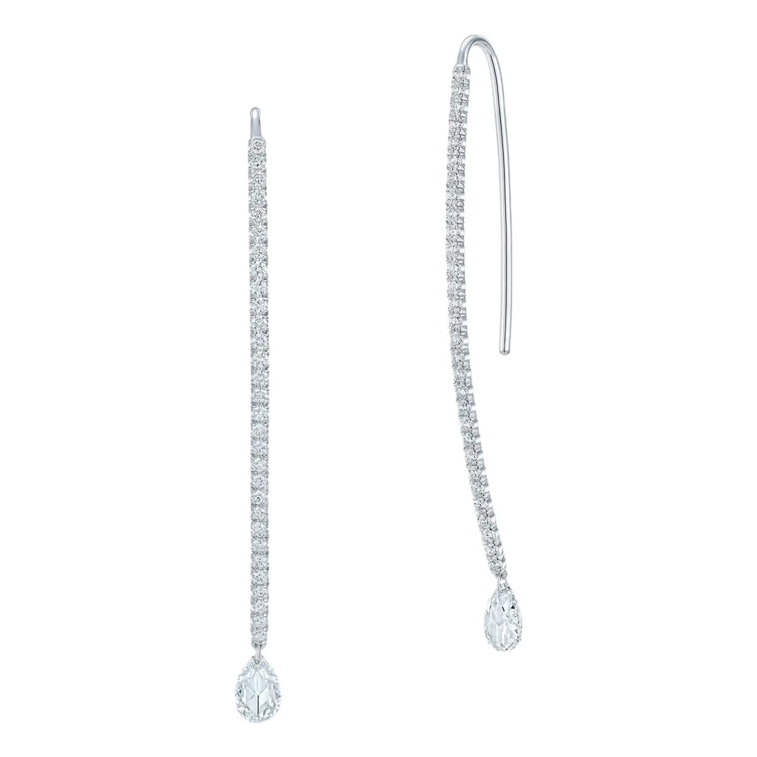 Dangling Pear Shape Briolette Diamond Earrings in 18K White Gold, A Pair: Dangling Pear Shaped Briolette Earrings in with 1.7 carats total white diamonds set in 18K white gold. Total weight: 3.15 grams. Proudly crafted by SIMON ARDEM artisans in New York City. Please allow
