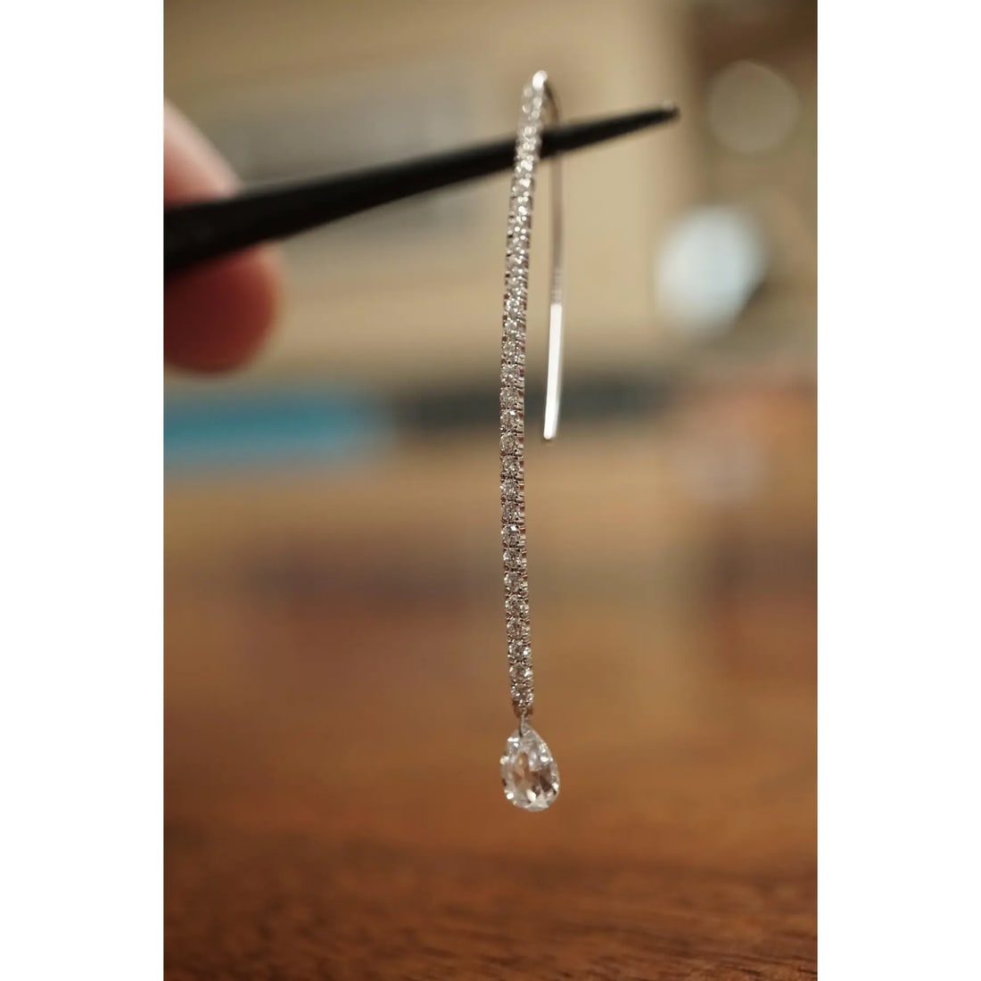 Dangling Pear Shape Briolette Diamond Earrings in 18K White Gold, A Pair - 2
