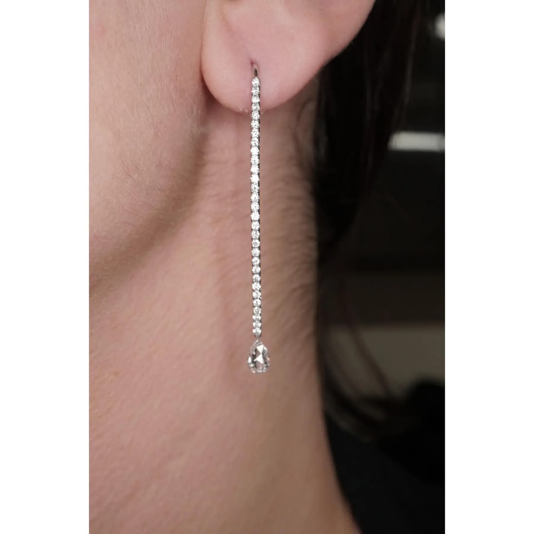 Dangling Pear Shape Briolette Diamond Earrings in 18K White Gold, A Pair - 6