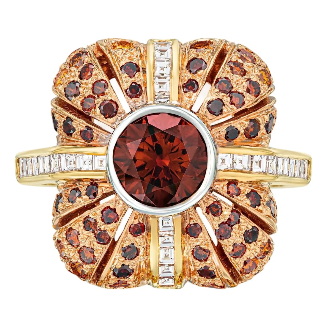 Turtle Pond Simon Ardem Central Park Fall Collection, Size 6.5: Diamond Ring with cross band of channel set career cut Diamonds, center stone is .85ct Fancy Orange-Brown VS2. Round cut diamond and graduating Natural Fancy Earth tone VVS-SI1 diamonds (Brown,