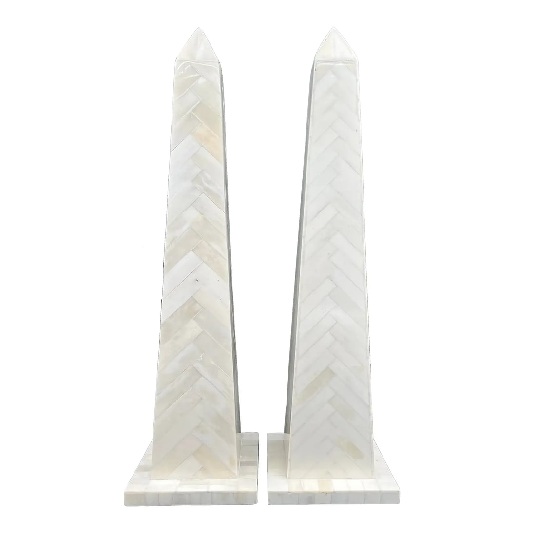 Late 20th Century Herringbone Tessellated Bone Obelisks - Set of 2: This is an exquisite pair of herringbone pattern obelisks made from tessellated bone. Beautiful neutral colors include white, cream, taupe, and gray. The measurements of each obelisk are