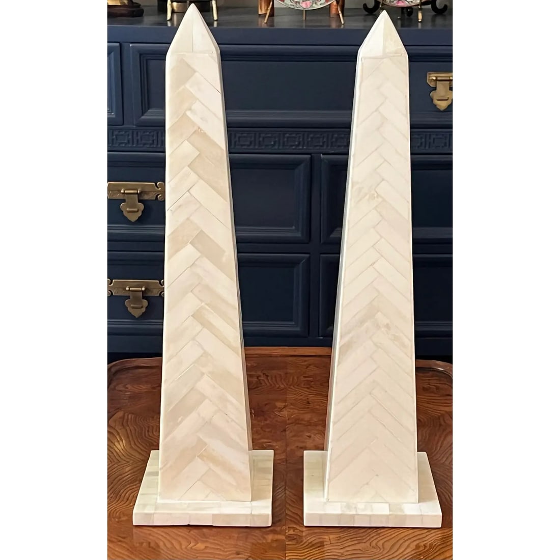 Late 20th Century Herringbone Tessellated Bone Obelisks - Set of 2 - 2