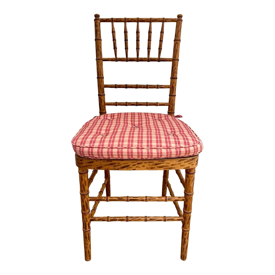 Mid 20th Century Faux Bamboo Tortoise Shell Finish Chair Made in Spain With Custom Red Raspberry Che: Mid-20th Century Faux Bamboo Chair with Tortoiseshell Finish and Custom Checkered Cushion. This beautiful, unique chair features a hand-painted finish that mimics tortoiseshell, crafted from faux bamb