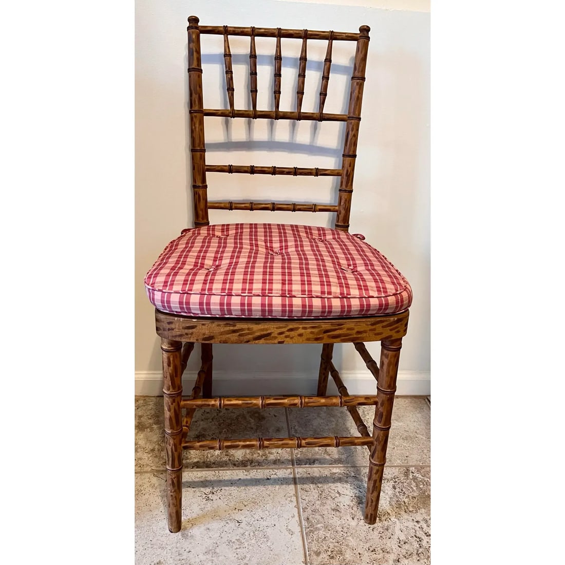 Mid 20th Century Faux Bamboo Tortoise Shell Finish Chair Made in Spain With Custom Red Raspberry Che - 2