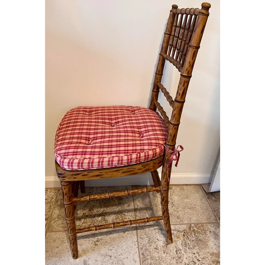Mid 20th Century Faux Bamboo Tortoise Shell Finish Chair Made in Spain With Custom Red Raspberry Che - 3