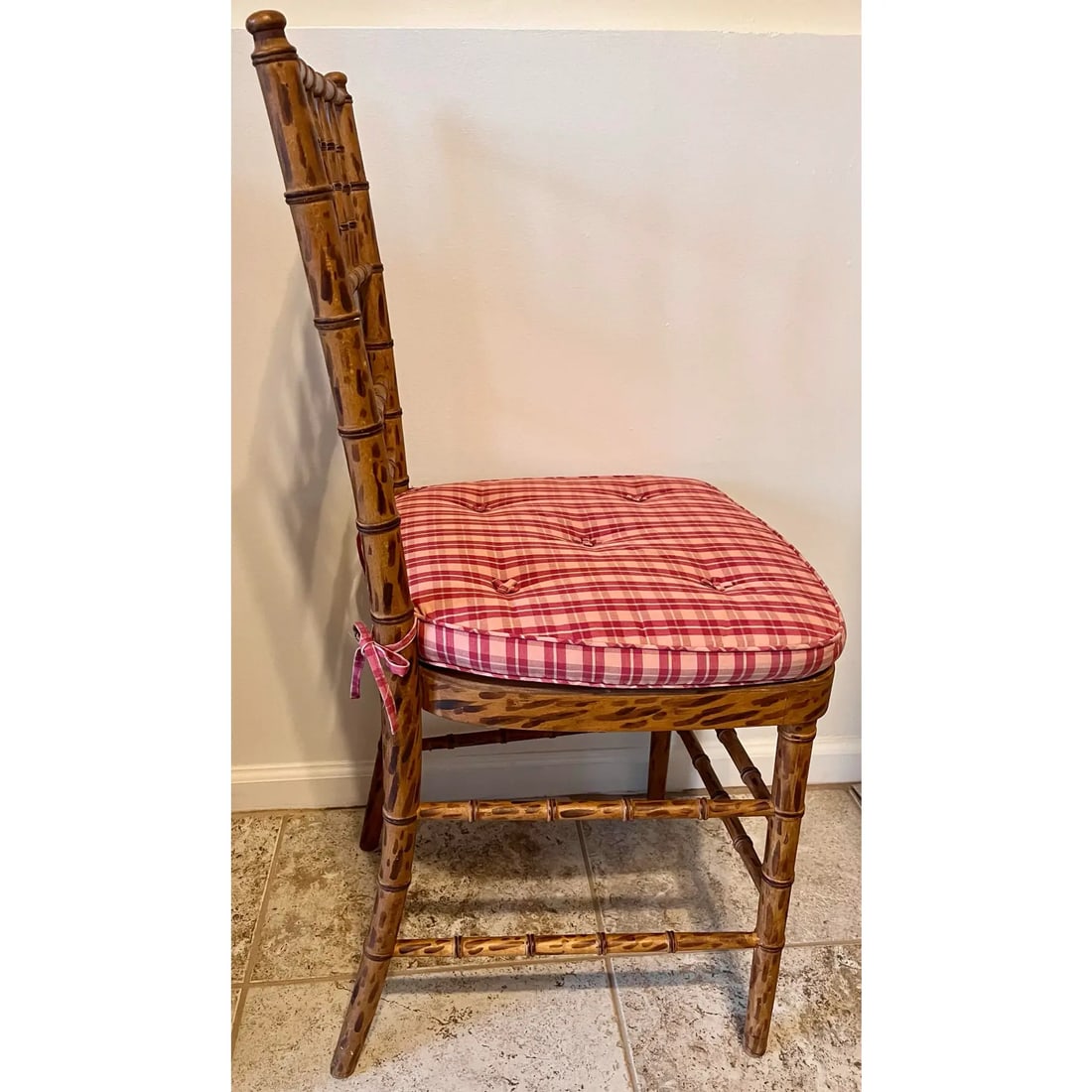 Mid 20th Century Faux Bamboo Tortoise Shell Finish Chair Made in Spain With Custom Red Raspberry Che - 5