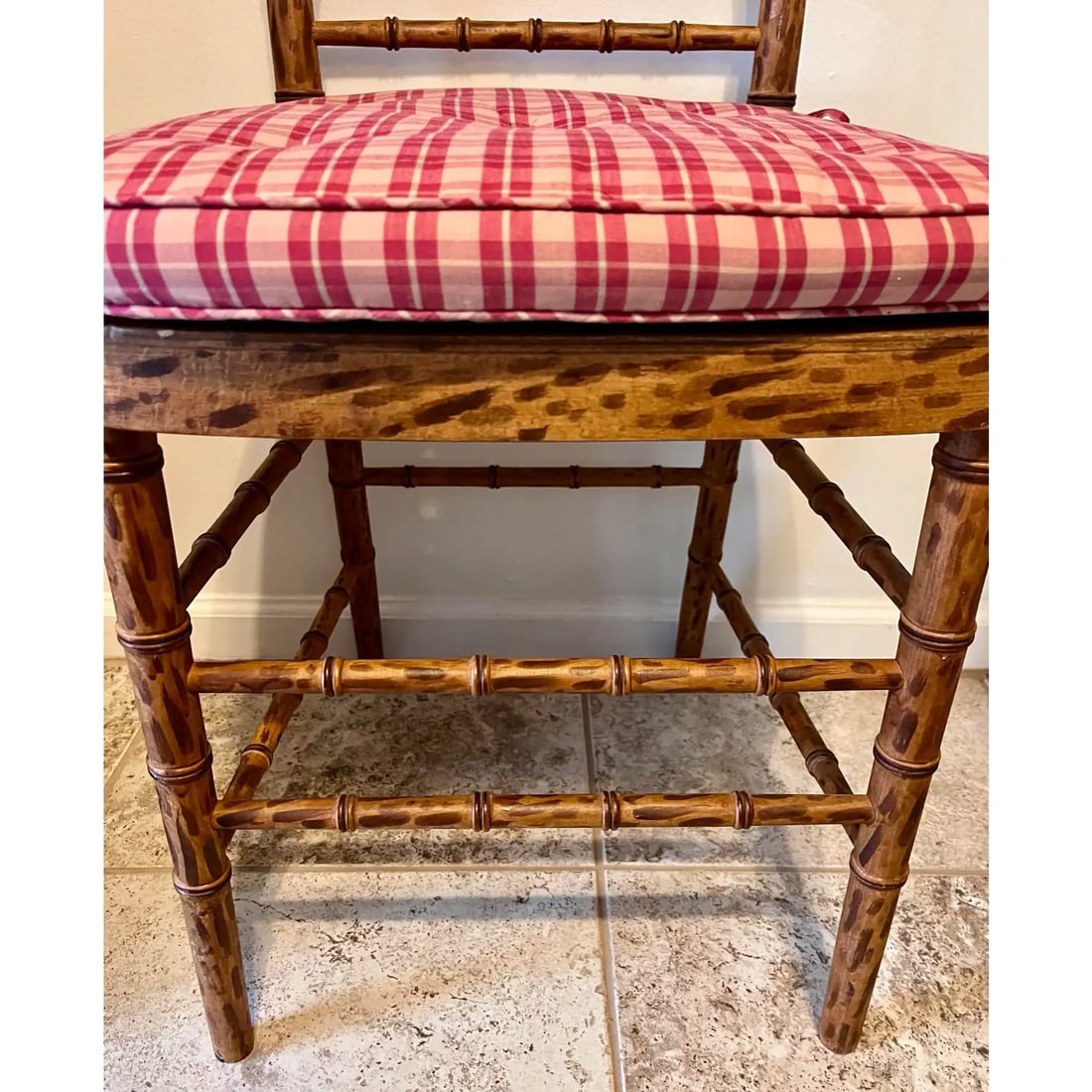 Mid 20th Century Faux Bamboo Tortoise Shell Finish Chair Made in Spain With Custom Red Raspberry Che - 8