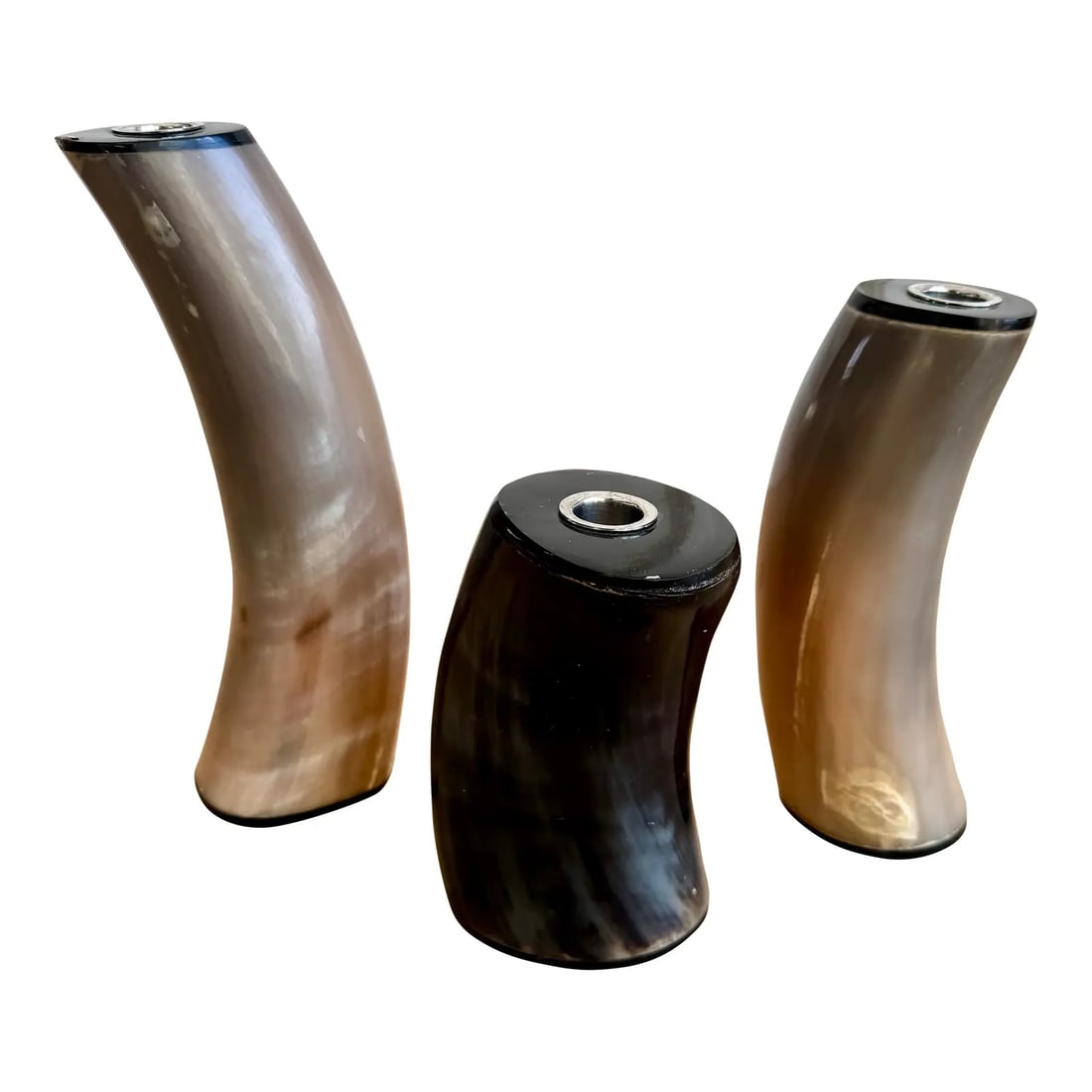 Set of 3 Sculptural Polished Horn Candlesticks – 1970s Organic Modern, Karl Springer Style: Sculptural set of three vintage polished horn candlesticks in the style of Karl Springer. Organic modern forms crafted from natural horn with rich tonal variation, dating to the late 1970s-80s. Each
