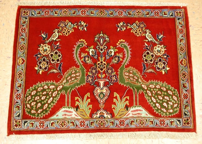 Persian KASHAN RUG 2'4"x3'2": Title: Persian KASHAN RUG 2'4"x3'2" Description:OLD, ANTIQUE DETAILED BIRD OF PARADISE DESIGN with SILK ACCENTS AND FLOWERS Persian KASHAN RUG with exact size of 2' 4" x 3' 2" Wool AND SILK woven on