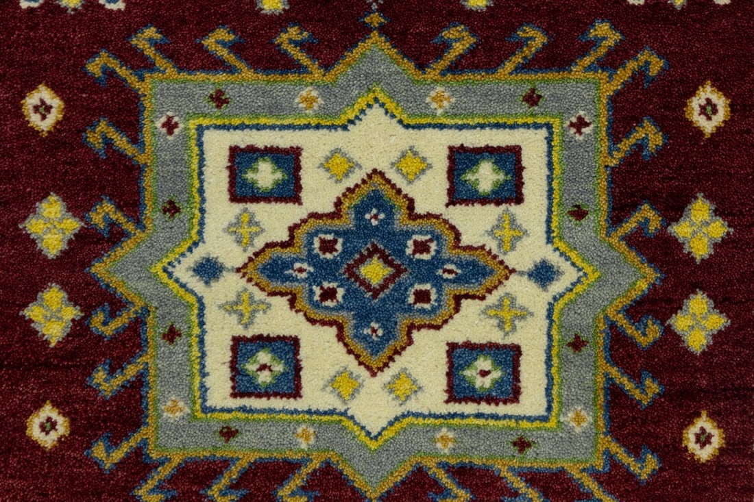 Maroon Red Geometric 4X6 Kazak Oriental Rug - 10