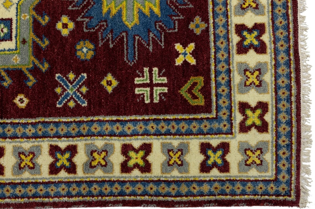 Maroon Red Geometric 4X6 Kazak Oriental Rug - 12