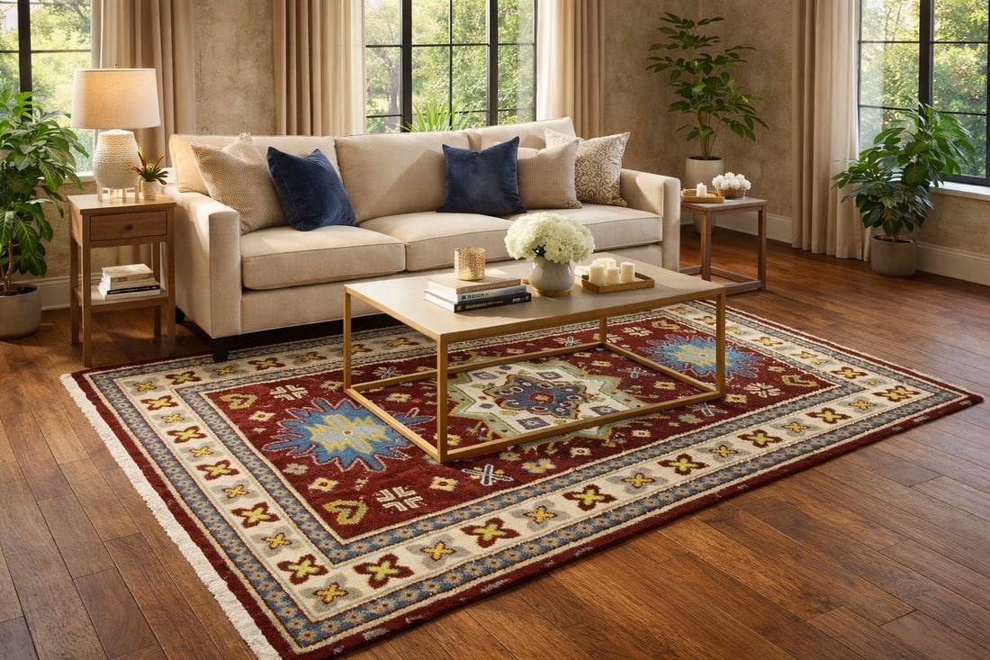 Maroon Red Geometric 4X6 Kazak Oriental Rug - 2