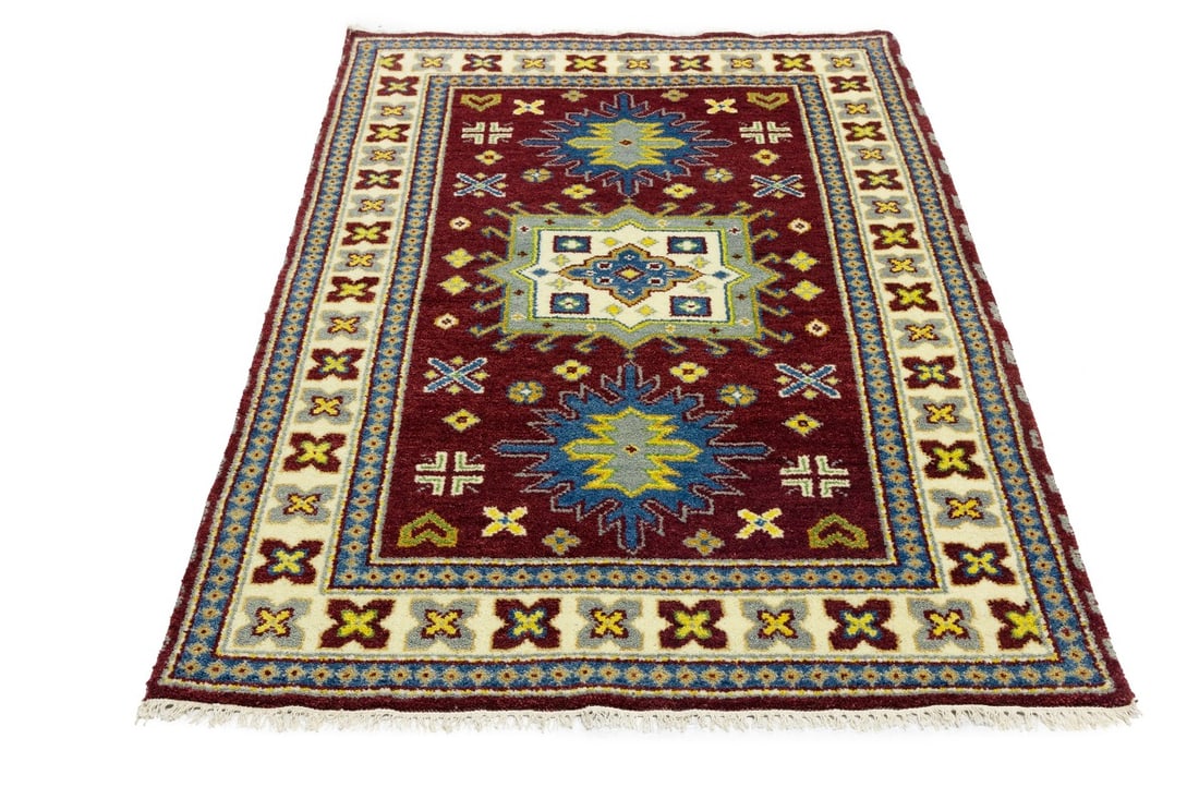 Maroon Red Geometric 4X6 Kazak Oriental Rug - 3