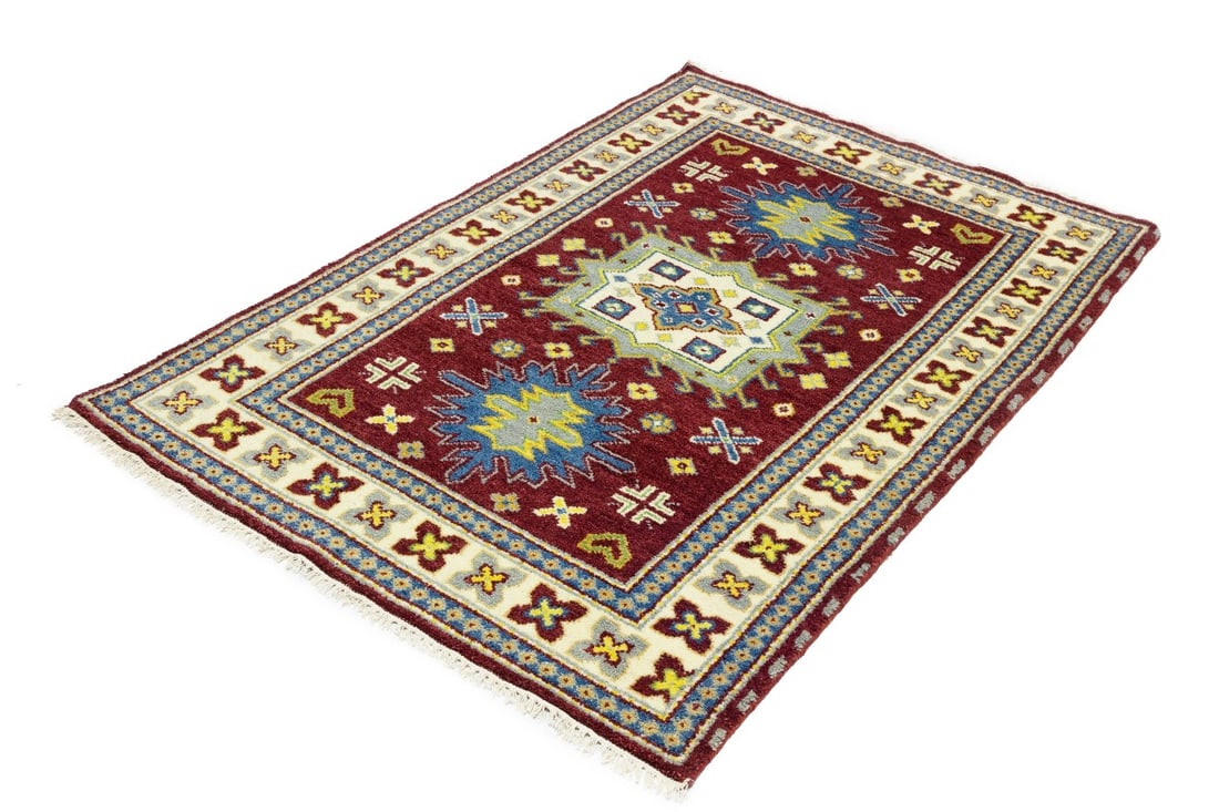 Maroon Red Geometric 4X6 Kazak Oriental Rug - 4