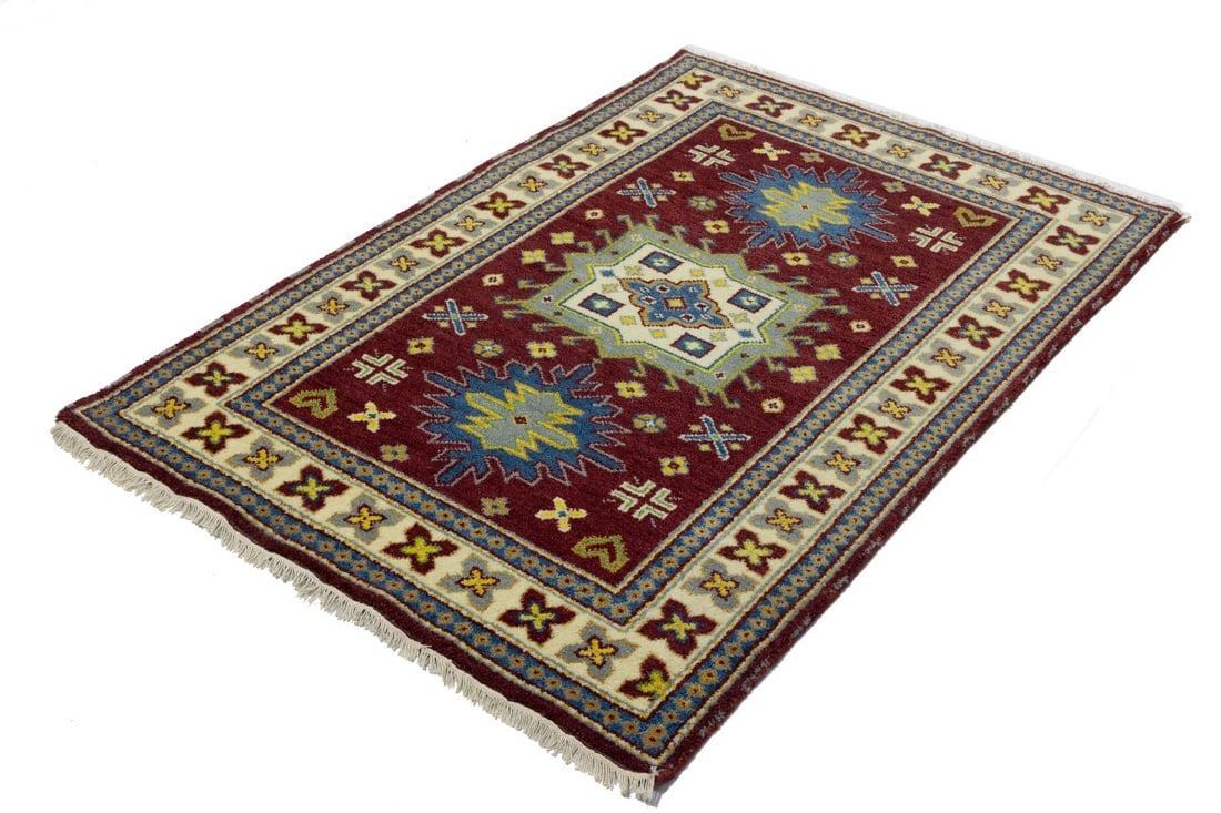 Maroon Red Geometric 4X6 Kazak Oriental Rug - 6