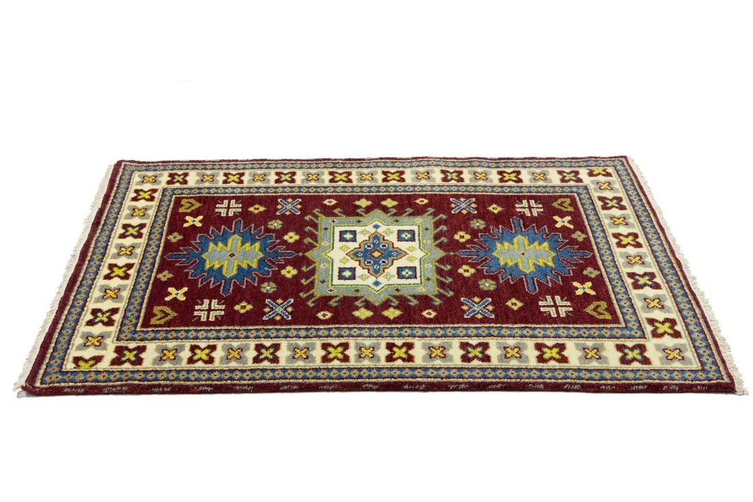 Maroon Red Geometric 4X6 Kazak Oriental Rug - 7