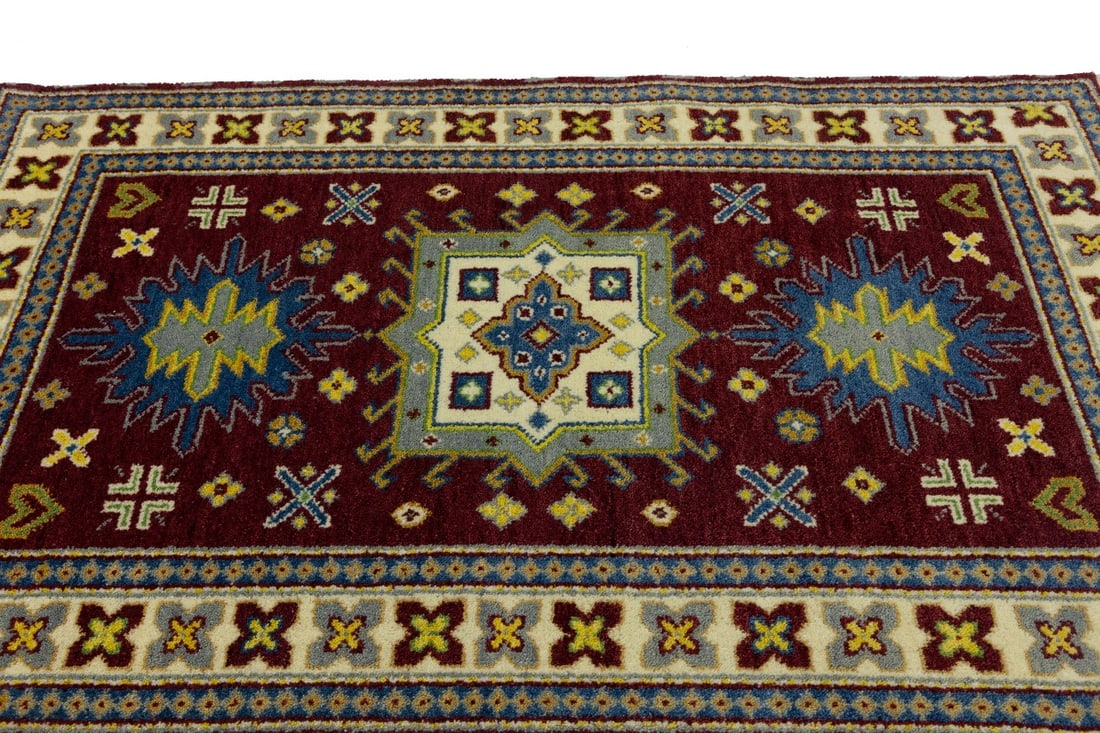 Maroon Red Geometric 4X6 Kazak Oriental Rug - 8