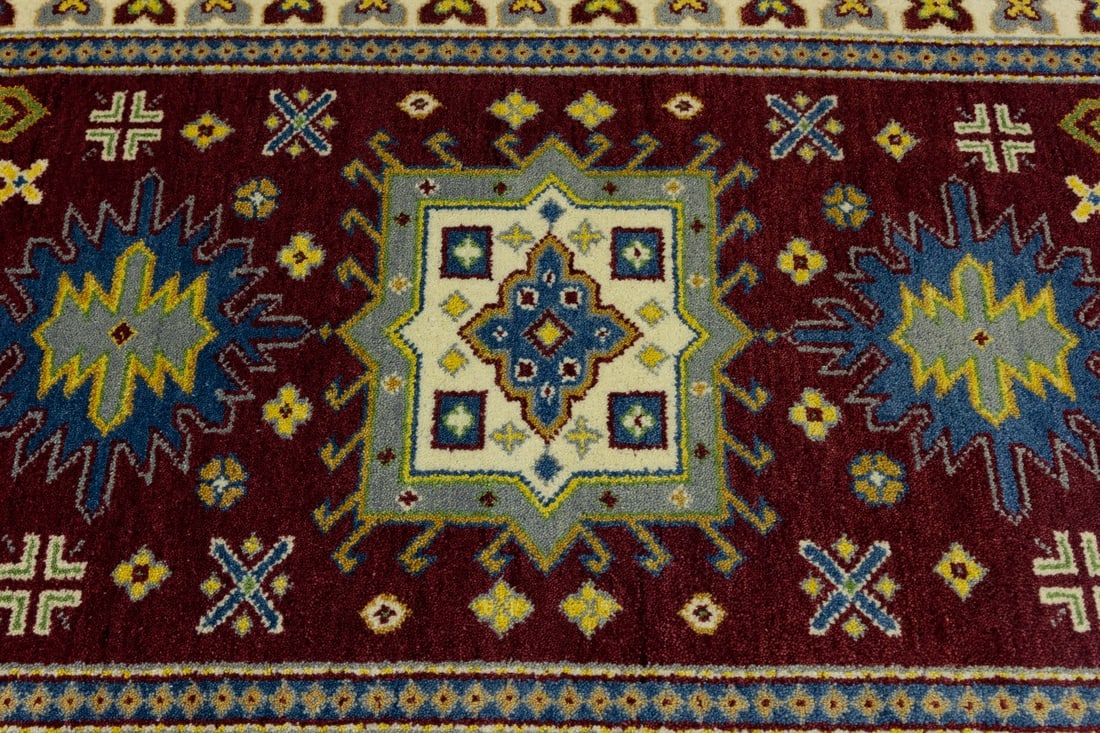 Maroon Red Geometric 4X6 Kazak Oriental Rug - 9