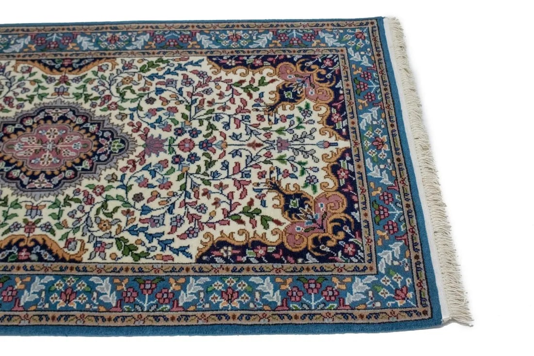 Cream Floral Kirman 3X10 Oriental Rug - 16