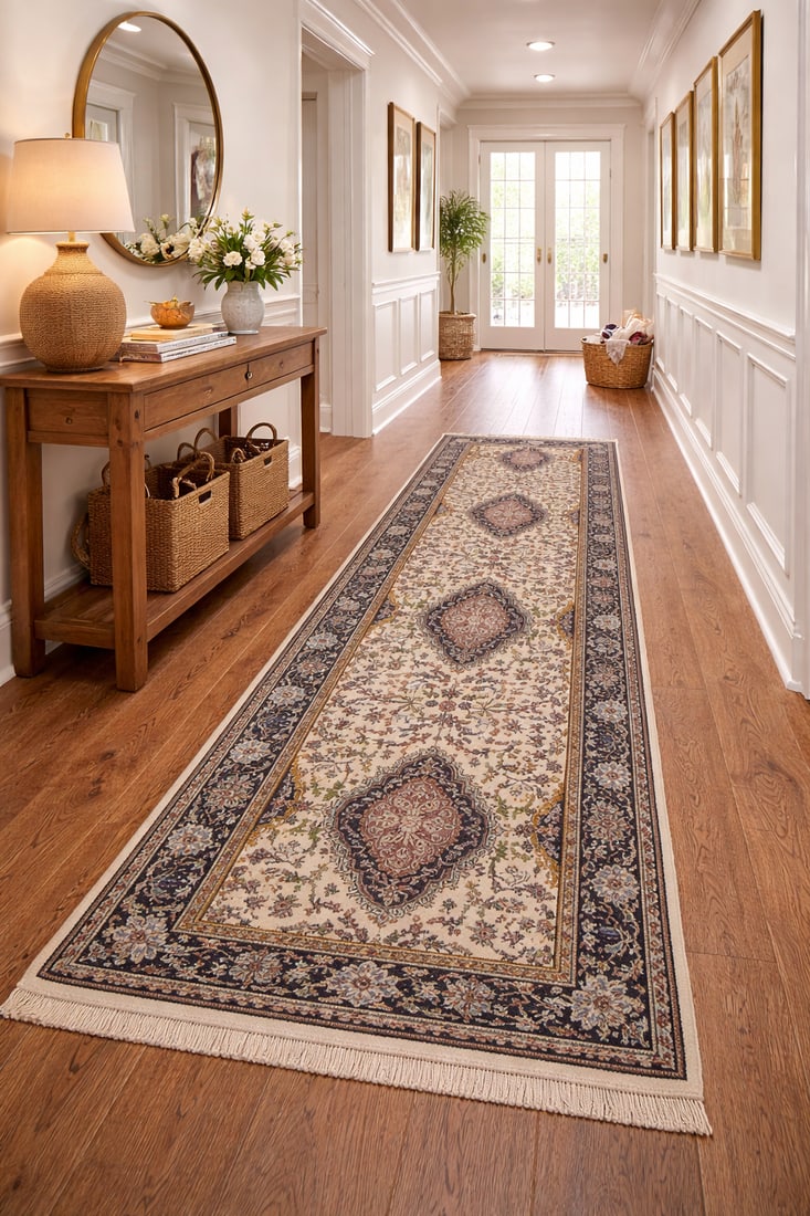 Cream Floral Kirman 3X10 Oriental Rug - 2