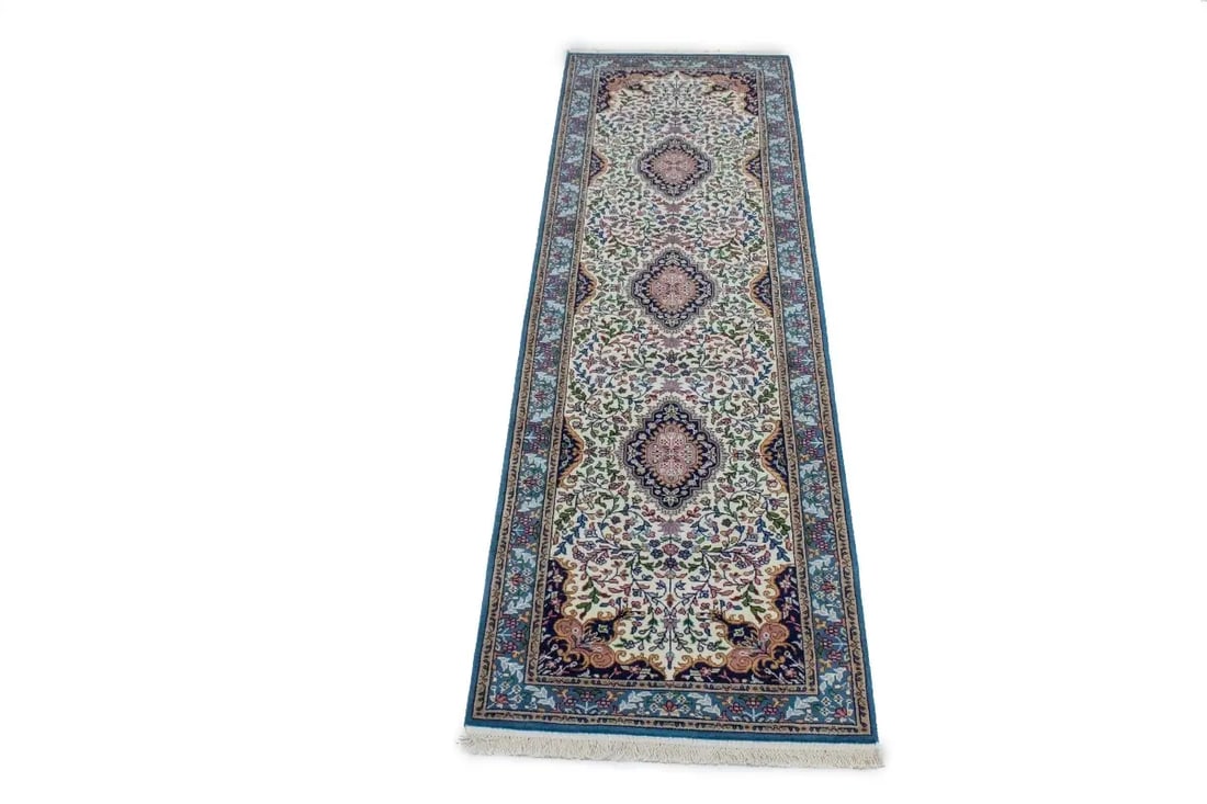 Cream Floral Kirman 3X10 Oriental Rug - 3
