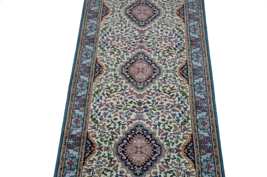 Cream Floral Kirman 3X10 Oriental Rug - 4
