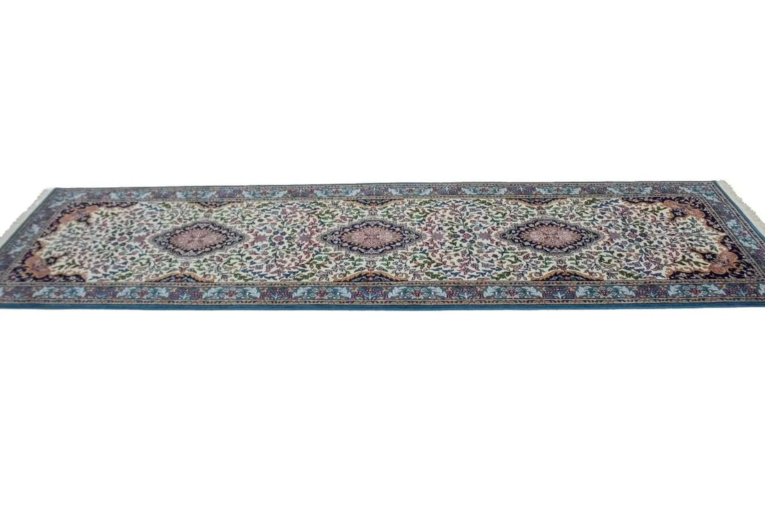 Cream Floral Kirman 3X10 Oriental Rug - 6