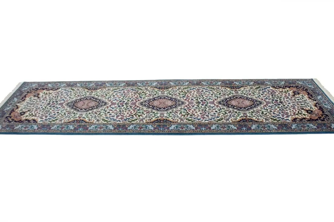 Cream Floral Kirman 3X10 Oriental Rug - 7