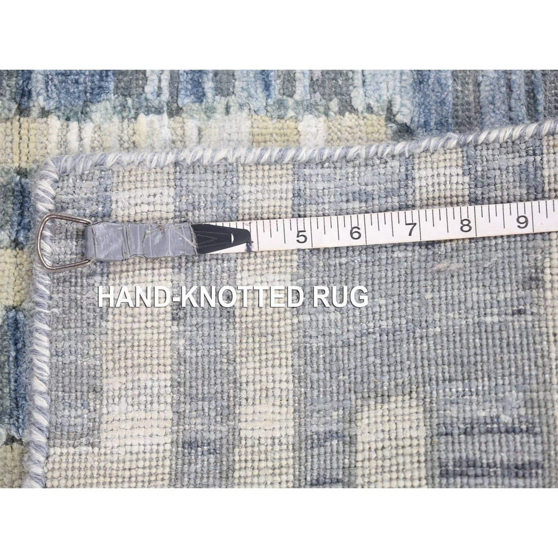 Gray, Zigzag Design, Pure Silk and Textured Wool, Hand Knotted Rug - 6