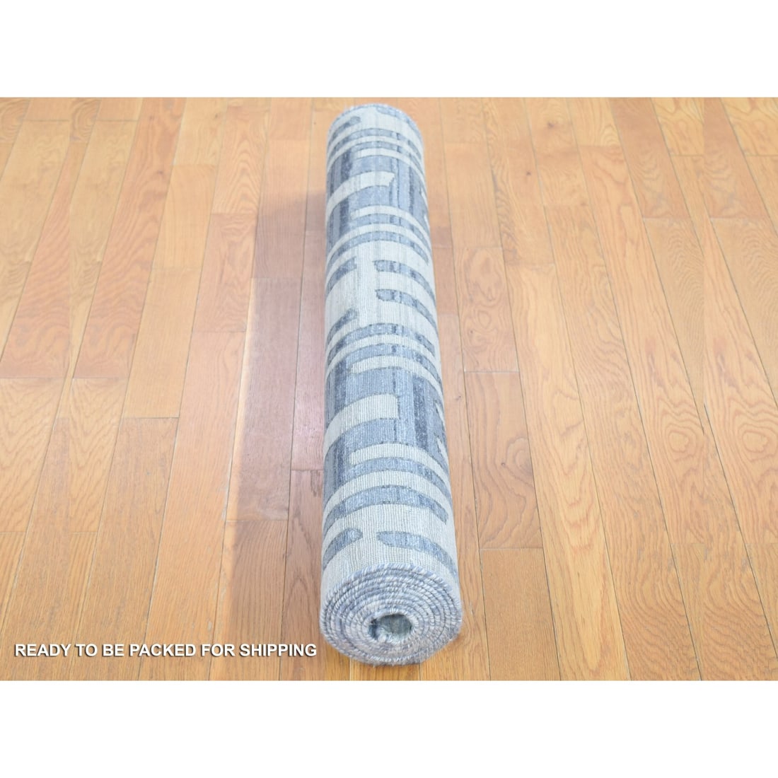 Gray, Zigzag Design, Pure Silk and Textured Wool, Hand Knotted Rug - 8